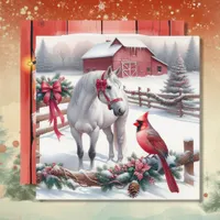 Festive White Horse and Cardinal Christmas Holiday Card