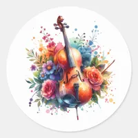 Watercolor Cello and Flowers   Classic Round Sticker