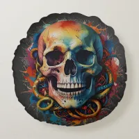 Skull Head with multi-colored Paint Splashes Round Pillow