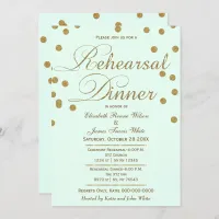 mint and gold glitter rehearsal dinner invitation