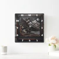 Eagle Sculpture With Mountain and Flag Design Square Wall Clock