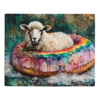 Sheep on a Rainbow Color Floating Doughnut Jigsaw Puzzle