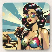 Beautiful Pinup Woman with a Cola on the Beach Beverage Coaster