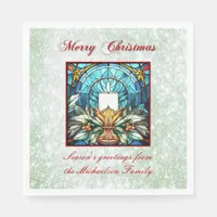 Stained Glass Christmas Candle Holly Green Glitter Napkins