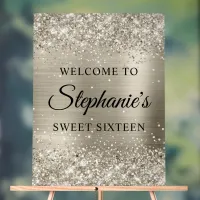 Glittery Platinum Foil Sweet Sixteen Welcome Acrylic Sign