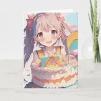 Anime Girl with Birthday Cake and Coloring Page Card