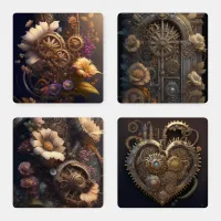 Steampunk Gears and Purple and White Flowers Coaster Set