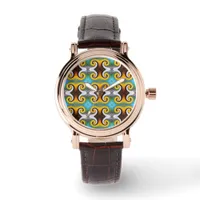 Trendy retro pattern in yellow, blue, brown, white watch