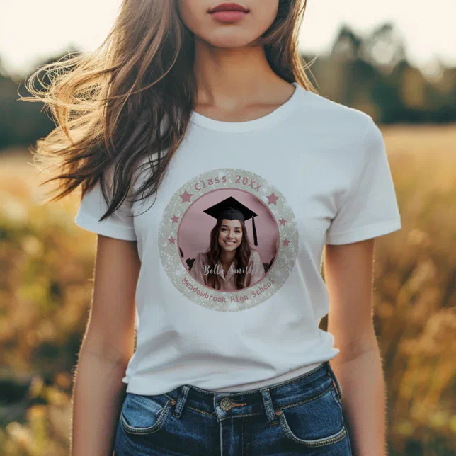 Modern Glitter Round Photo Graduation  T-Shirt