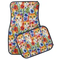 Whimsical Folk Art Watercolor Flowers and Cats Car Floor Mat