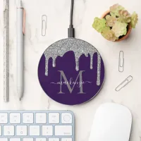 Chic Purple Silver Glitter Drips Sparkle Monogram Wireless Charger