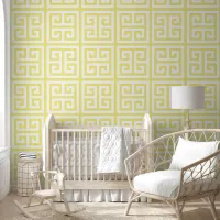 Pastel Dandelion Yellow and White Large Greek Key Wallpaper