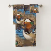 Beautiful Chatty Mandarin Duck at the Pond Bath Towel Set