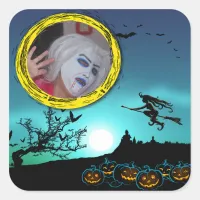 Halloween Witch, Jack o' Lanterns, Photo Frame Square Sticker