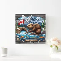 Canadian Beaver Building Dam Near Mountain Stream Square Wall Clock