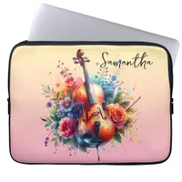 Watercolor Cello and Flowers Personalized Laptop Sleeve