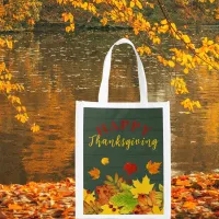 Happy Thanksgiving Fall Colorful Foliage On Wood Grocery Bag