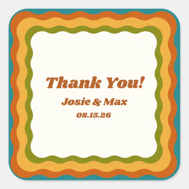 Wavy Border Retro 70s Colorful Thank You Wedding  Square Sticker