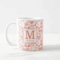 Coral Peach Tropical Flowers Monogram Coffee Mug