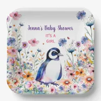 Baby Penguin in Flowers It's a Girl | Baby Shower Paper Plates