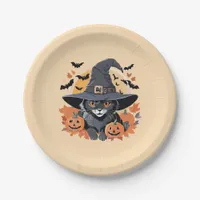 Black Cat in Witch Hat Halloween Paper Plates