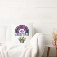 Mardi Gras Rainbow and Mask Throw Pillow