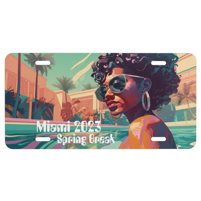 Miami Spring Break Black Woman in Pool Painting License Plate