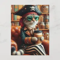 Adorable Pirate Cat with Coffee  Postcard