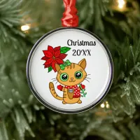 Personalized Orange Cat Holding a Poinsettia    Metal Ornament