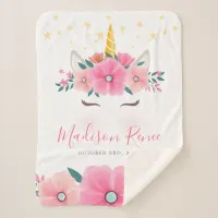 Watercolor Unicorn Face Floral Stars Baby Sherpa Blanket