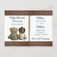 Lil Cowboy Baby Boy and Teddy Bear Baby Shower Invitation Postcard