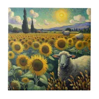 Sheep in the Sunflower Field Van Gogh Ceramic Tile