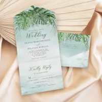 Tropical Leaves Watercolor Greenery Beach Wedding All In One Invitation