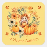 Cute Pumpkin Fairy in Autumn Wreath Square Sticker