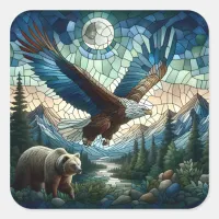 Mosaic Bear and Eagle in the Mountains Ai Art Square Sticker