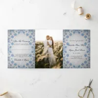 Silver Glitter Blue Snowflake Winter Wedding   Tri-Fold Program