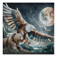 Mosaic Ai Art | Brown Bear and an Eagle Full Moon