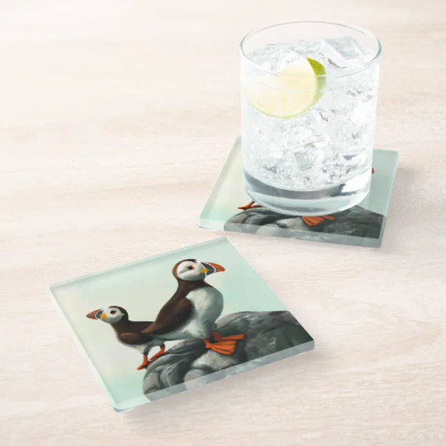 Cute Atlantic Puffins Seabirds on the Rocks Glass Coaster