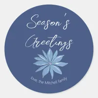 Minimal Poinsettia Blue Merry Christmas Envelope Classic Round Sticker