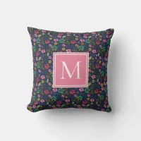 Colorful Boho Spring Flowers Navy Blue Monogram Throw Pillow