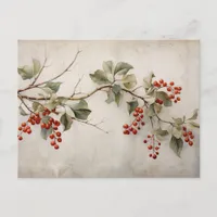 Botanical Green Holly and Red Berries Postcard