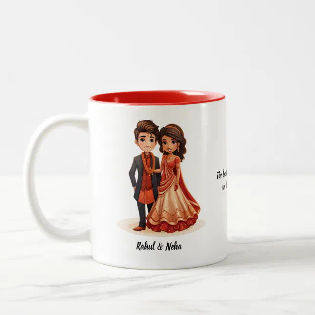 Cute Cartoon of Desi Bride & Groom Indian Wedding  Two-Tone Coffee Mug