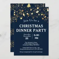 Christmas Dinner Party Gold Stars Trees Deep Blue Invitation