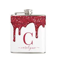 Holiday Red Sparkle Glitter Drips Monogram White Flask