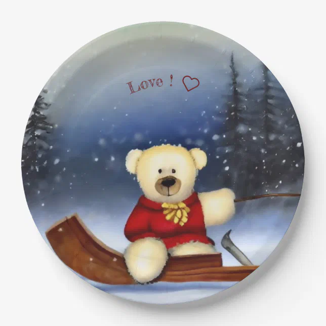 Bear on a sledge in the snow paper plates