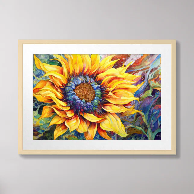 Sunflower Power watercolor painting Framed Art