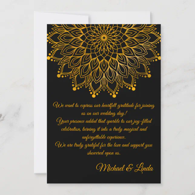 Elegant simple black ornate wedding thank you card