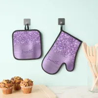 Glittery Glam Royal Purple Name Oven Mitt & Pot Holder Set