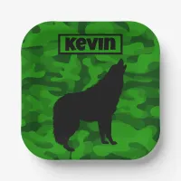 Modern Green Camo Black Wolf Silhouette Monogram | Paper Plates