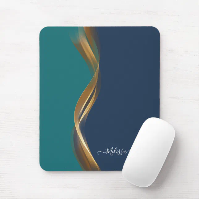 Elegant Gold Waves Blue Teal with Name Mouse Pad